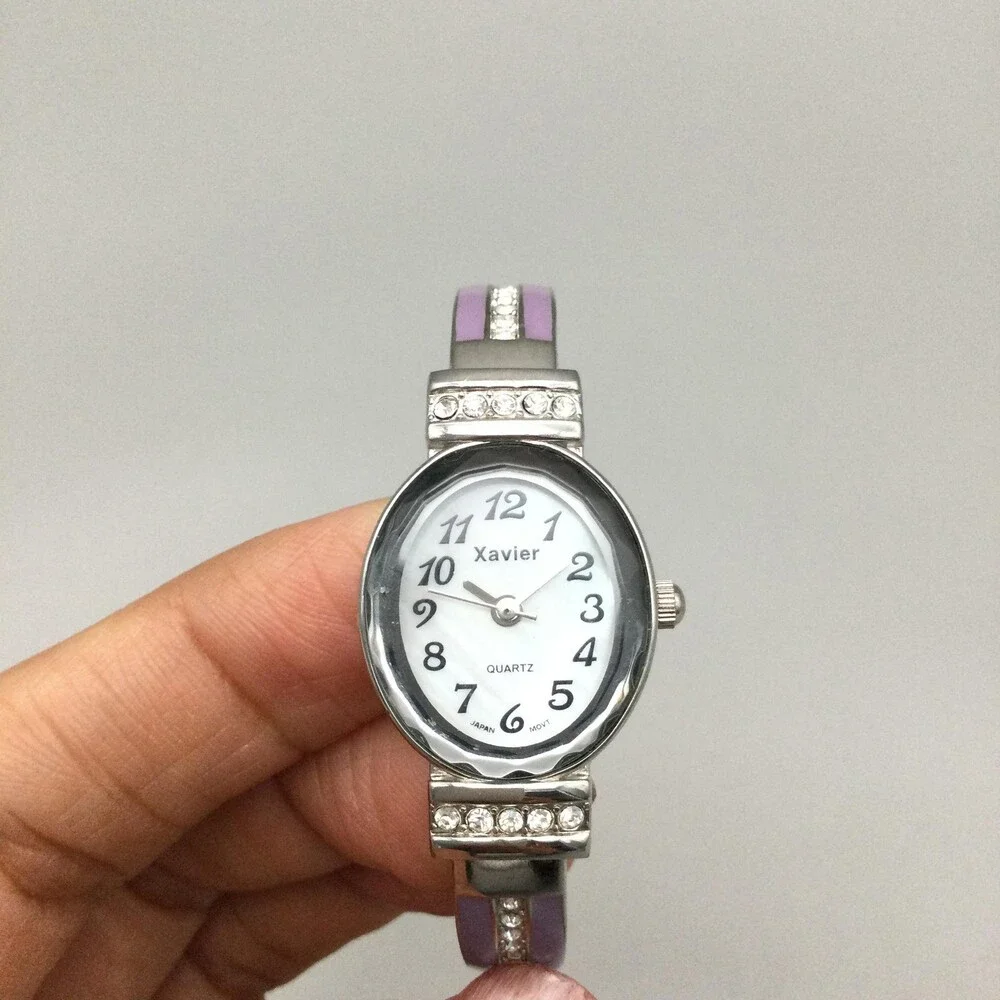 Xavier Womens Watch 20mm Oval Dial Faceted Crystal Purple Cuff Band New Battery